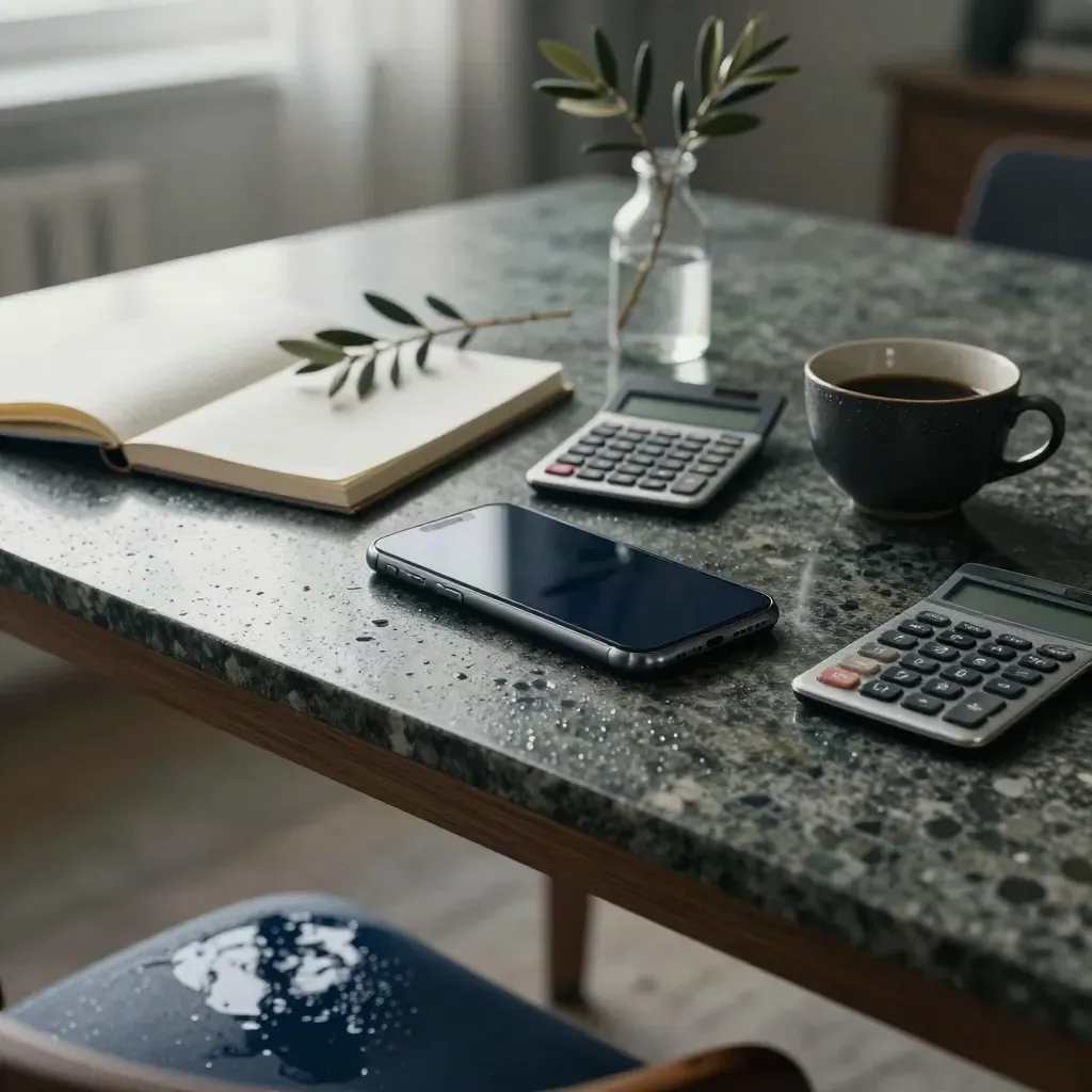 Morgonljus över smartphone, miniräknare, anteckningsbok, olivkvist och kopp på stenbord.