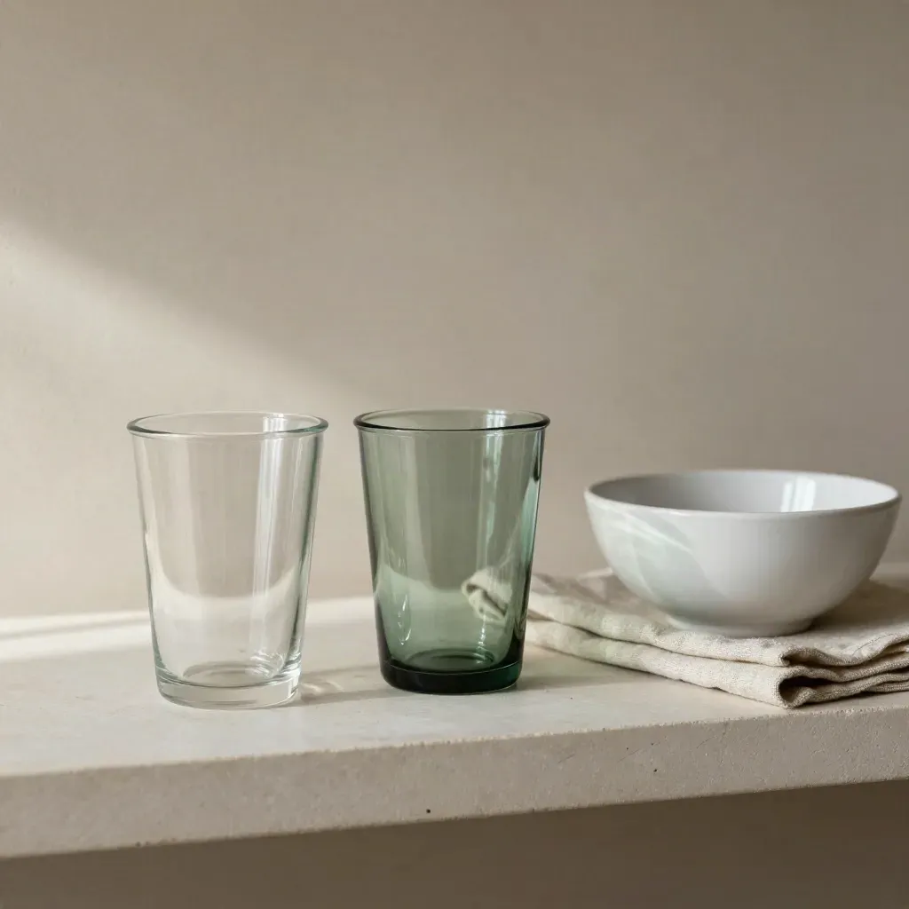Två glasbehållare, skål i vit keramik och vikt linneservett på hylla.
